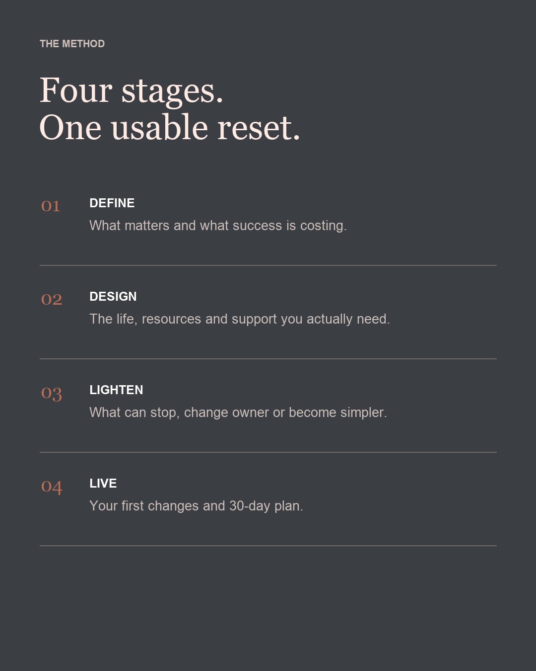 Preview explaining the Define, Design, Lighten and Live method